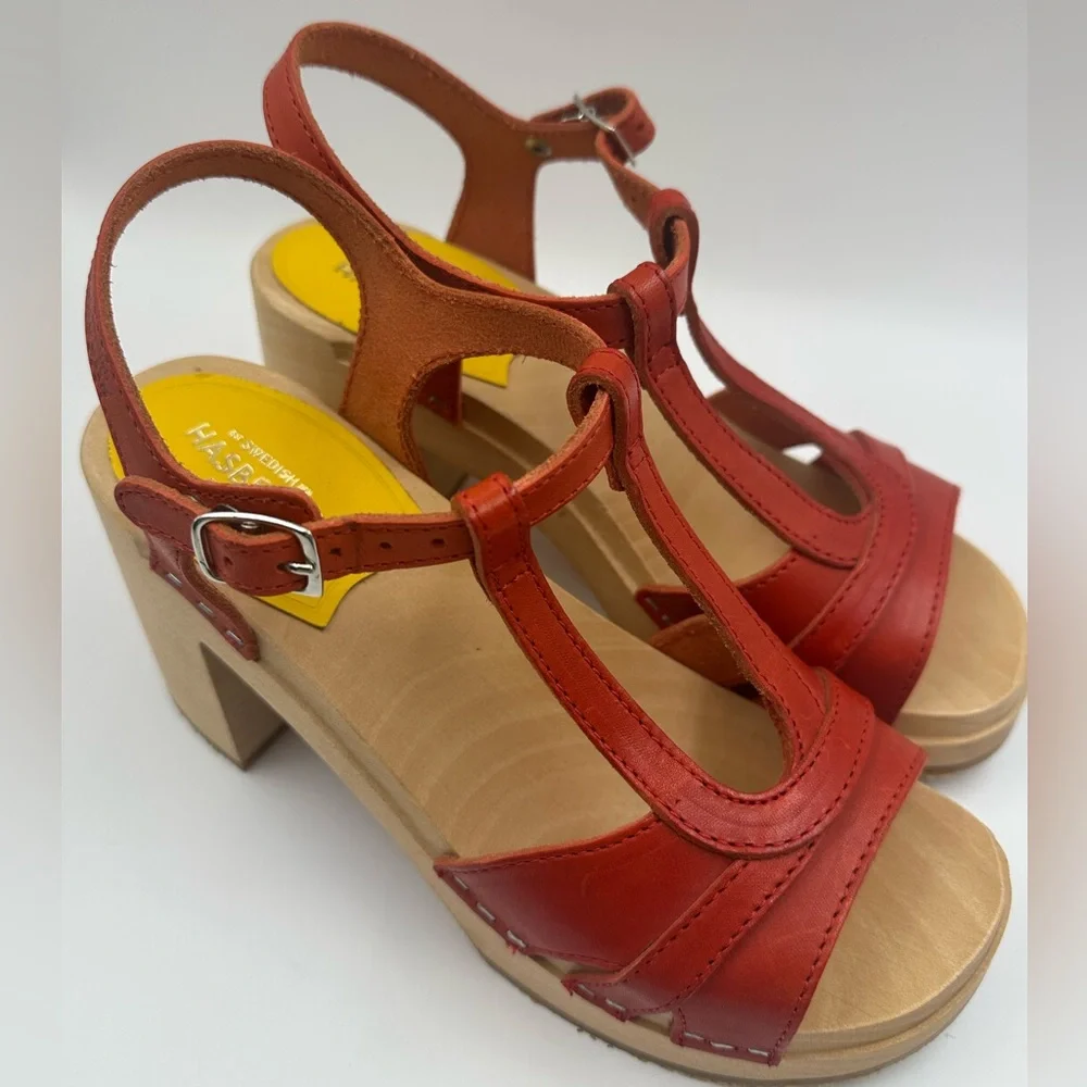 Swedish Hasbeens Red Leather Wooden Platform Sandals T-Strap Chunky Block Heel - Picture 6 of 16